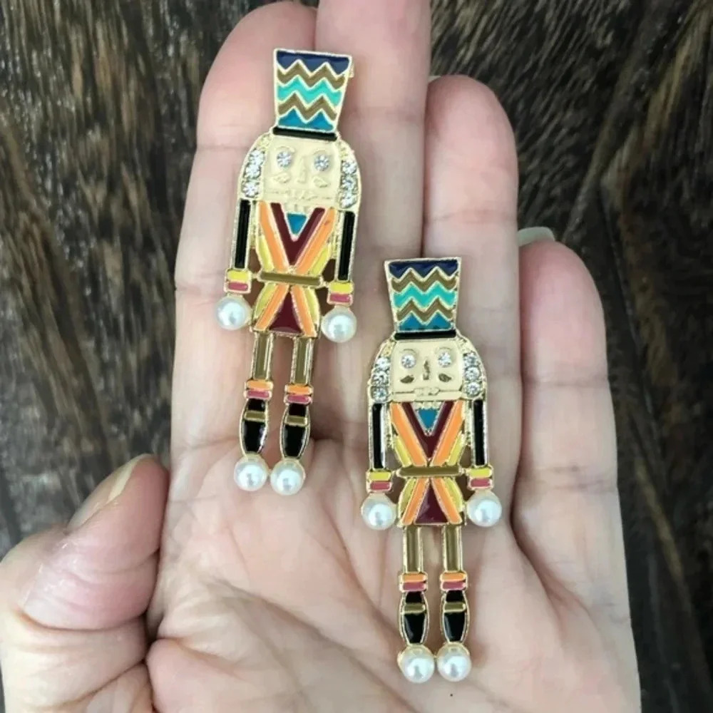 Large Gold Multicolor Colorful Nutcracker Stud Earrings NWT